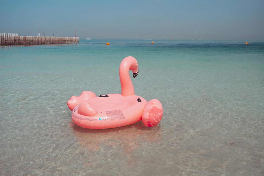 Pink Inflatable Flamingo on Body of Water